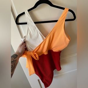 NWT ♥️🤍🧡 neon orange red and white one piece with bow